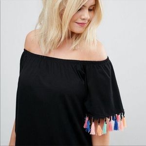 ASOS Curve Black Tassel Off the Shoulder Dress